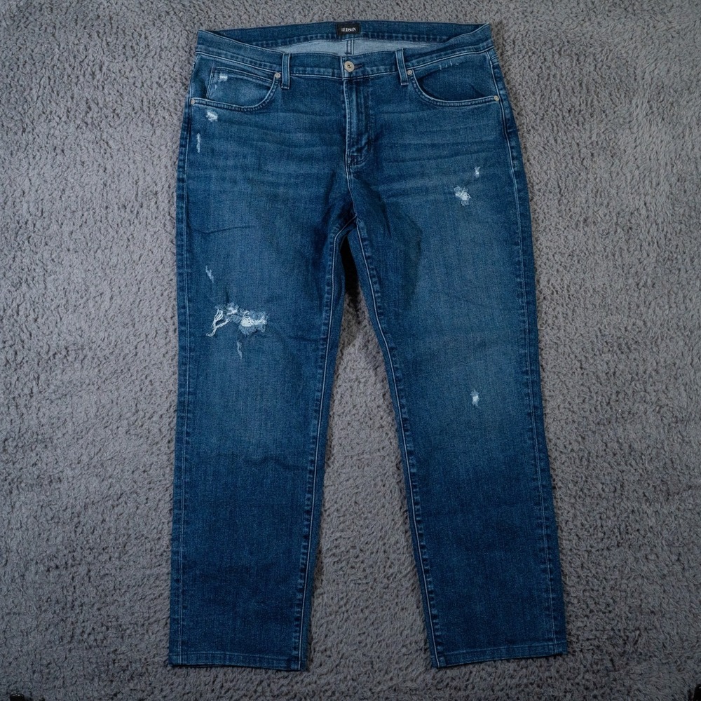 Hudson Jeans Mens 38x30 Blue Byron Straight Leg Dark Wash Distressed